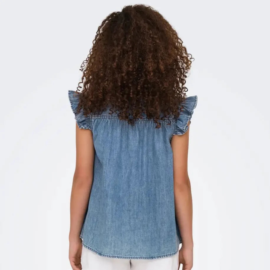 ONLY - TOP - SHANIA FRILL 15344679 - MEDIUM BLUE DENIM