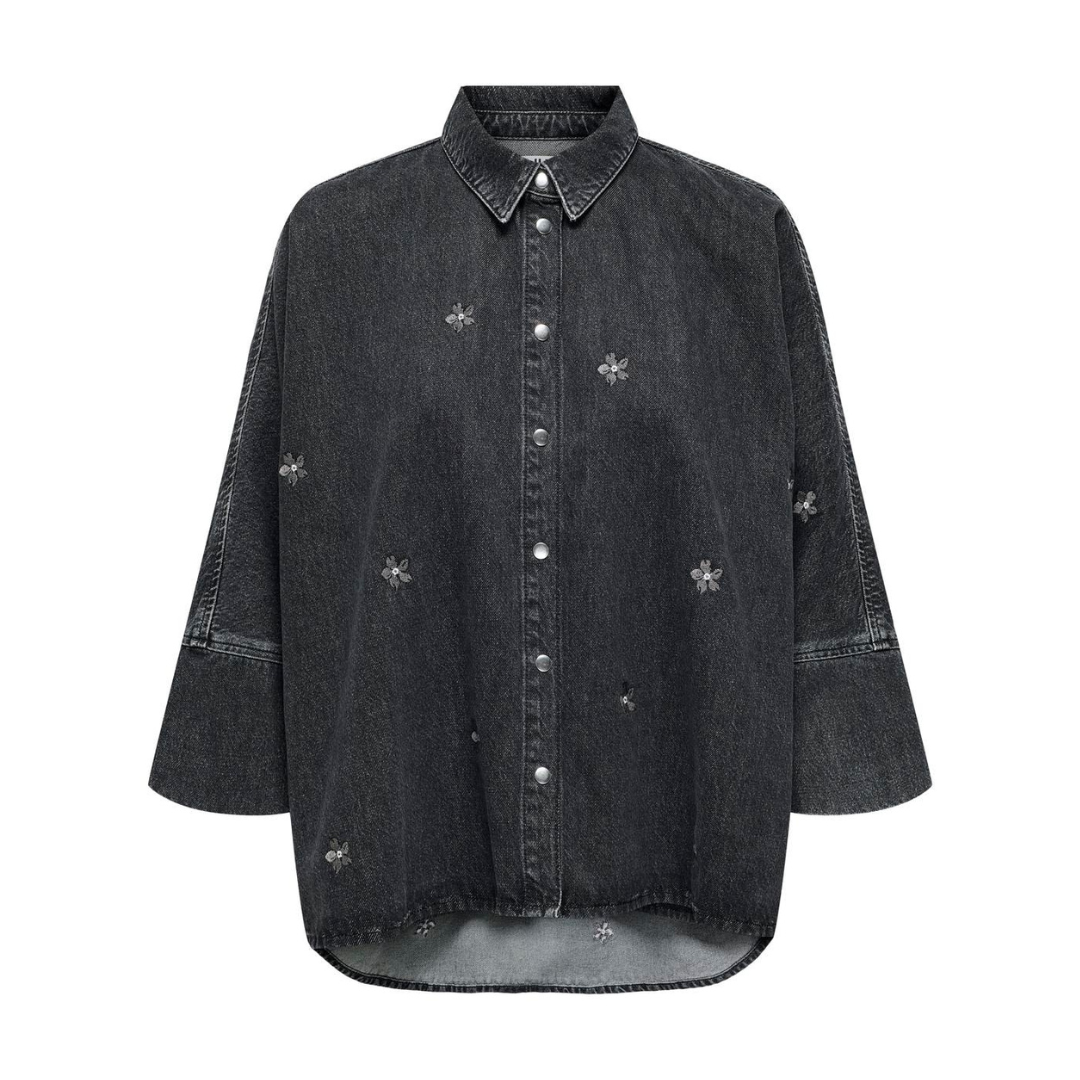 ONLY - DENIMSKJORTE - GRACE 15347080 - WASHED BLACK EMBROIDERY