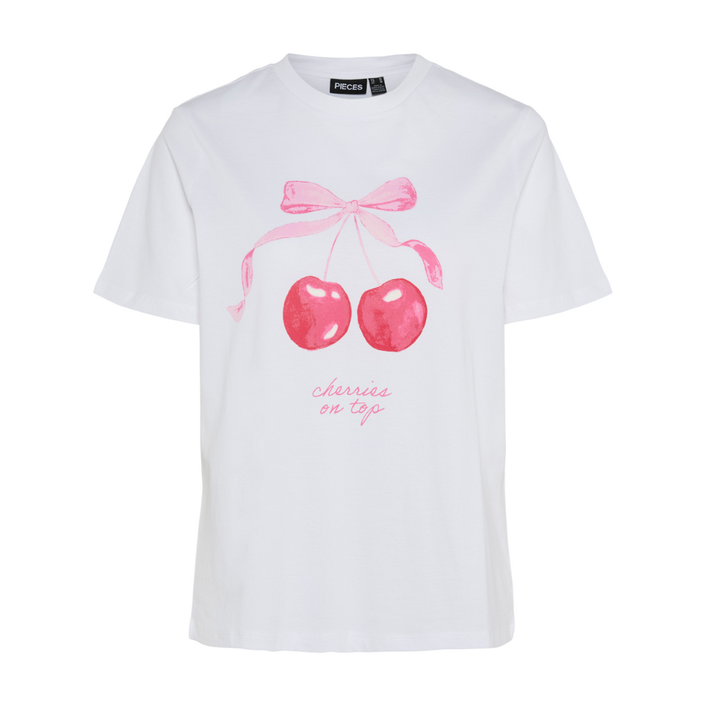 PIECES - T-SHIRT - SCARLETT 17155374 - BRIGHT WHITE/CHERRY ON TOP
